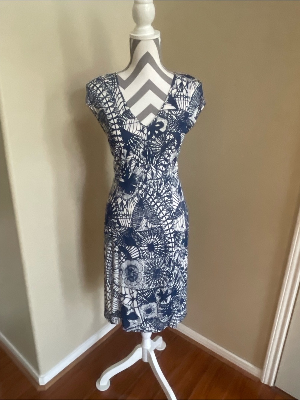 Tory Burch Blue and White V-Neck Dress - Size: Medium